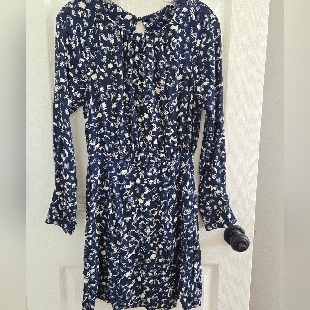 & Other Stories Blue and Cream Dress, Long Sleeve, Open Back W/ Buttons